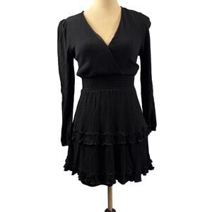 Altar'd State Black Tiered Mini Dress Smock Waist Deep V Neck Long Sleeve Witchy